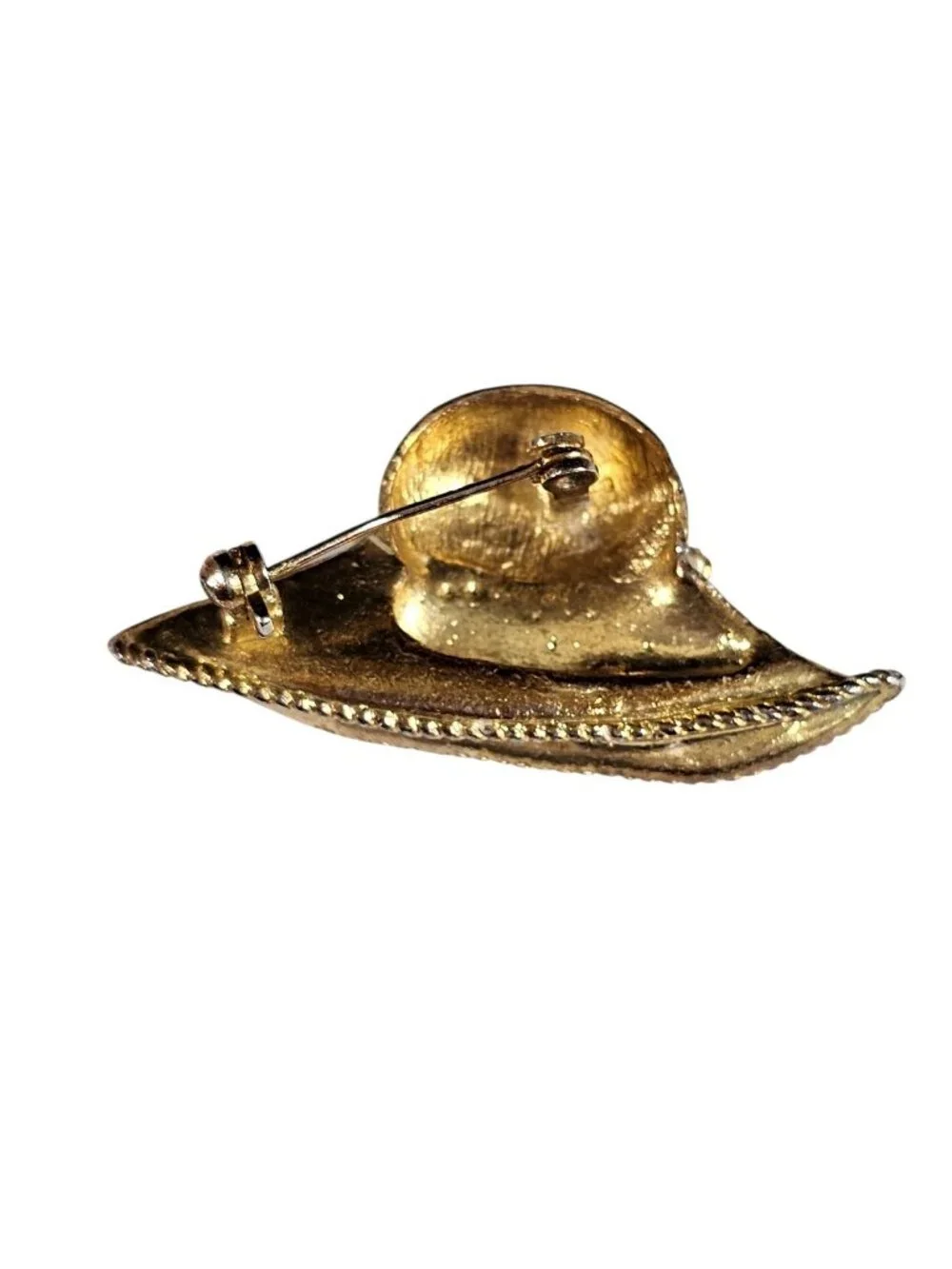 Gold Tone Hat Brooch Pin With Green & Gold Crystal Rhinestone Flowers Vintage